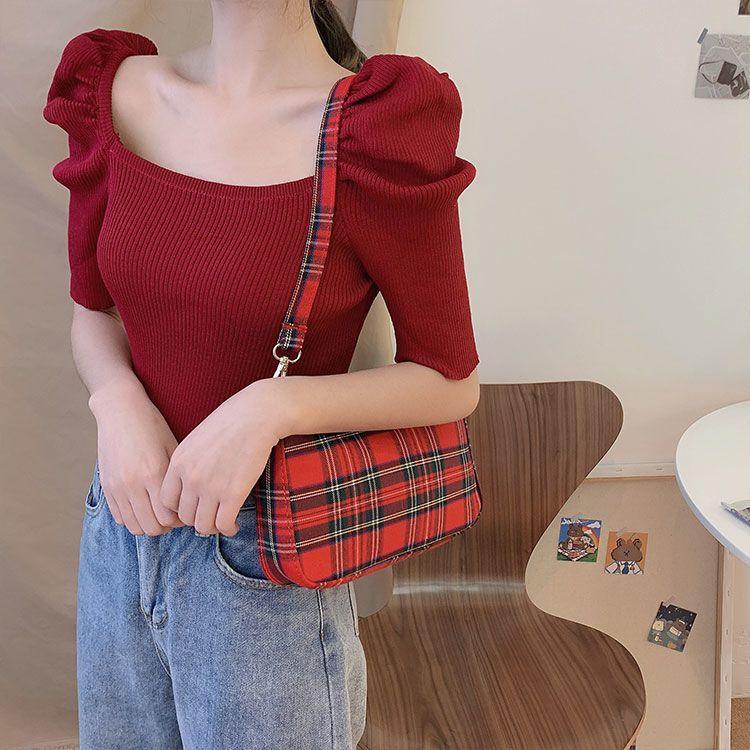 Summer Design Retro Square Neck Slim Knit Top Short Sleeved T-shirt for Women