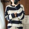 WTEMPO Lockere Pullover Streifen Damen Strickpullover Rundhals Langarm Oberteil Harajuku Büro Dame Lässig Unterhemd