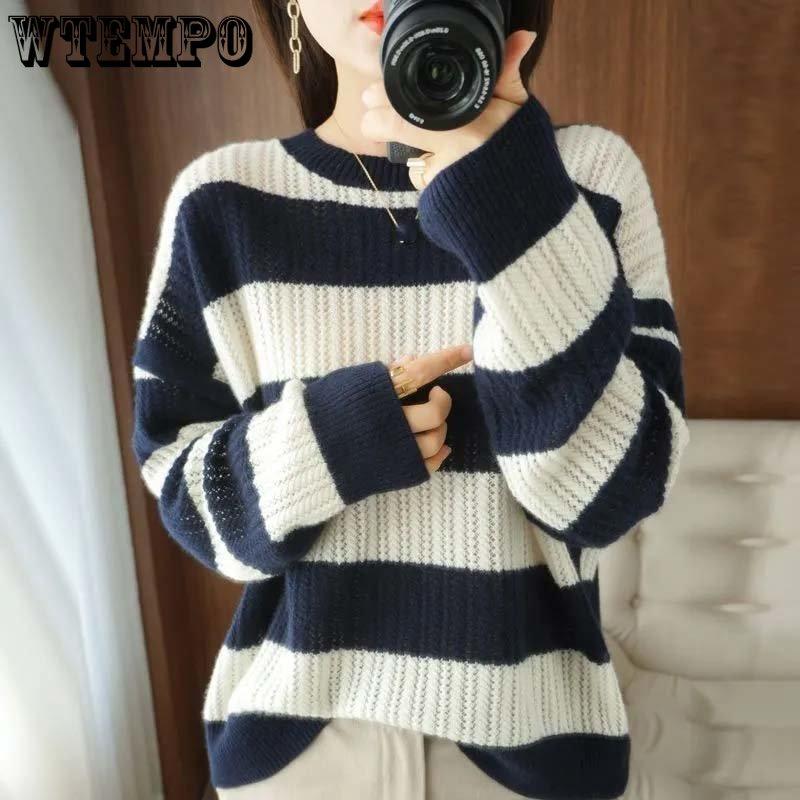 WTEMPO Lockere Pullover Streifen Damen Strickpullover Rundhals Langarm Oberteil Harajuku Büro Dame Lässig Unterhemd