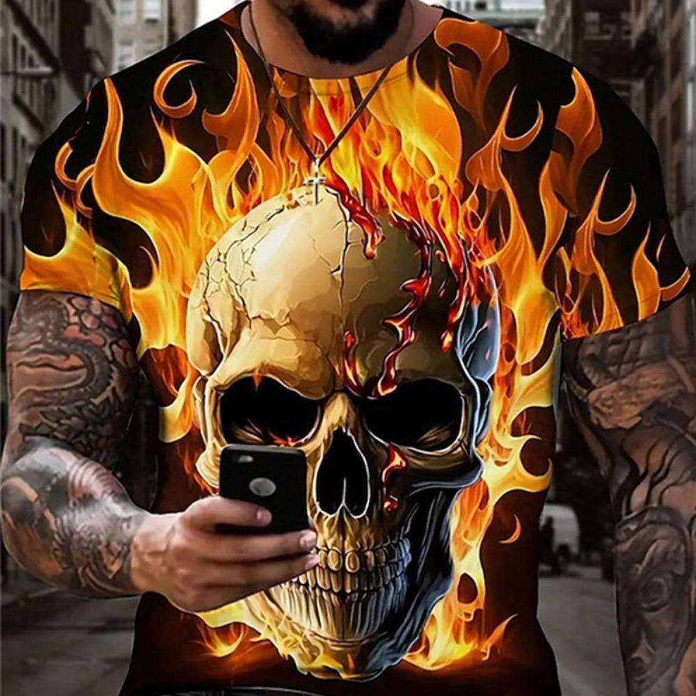 2025-2026 New Trend Men's Street Style Printed Skull Pattern Summer Casual Harajuku Retro Men's Y2K Top Fashion Short Sleeve T-Shirt