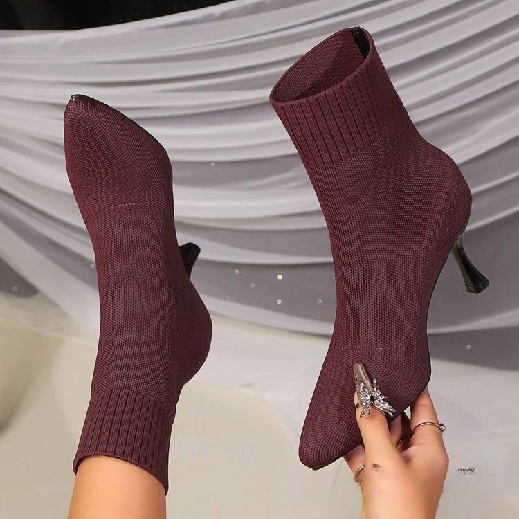 High Heel Stiletto Ankle Boots for Women - Comfy Breathable Slip-On Shoes with Fabric Upper, Rubber Sole, and Pointed Toe Shoes