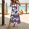 Women Fashion Round Neck Famous Ethnic Wind Curled Grass Flowers Printed Short Sleeve Side Slit Dress Casual Vacation Dress Long Loose Dress