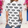 Women Plus Size Collared Short Sleeve Paris Printed White Button Front Shirt
