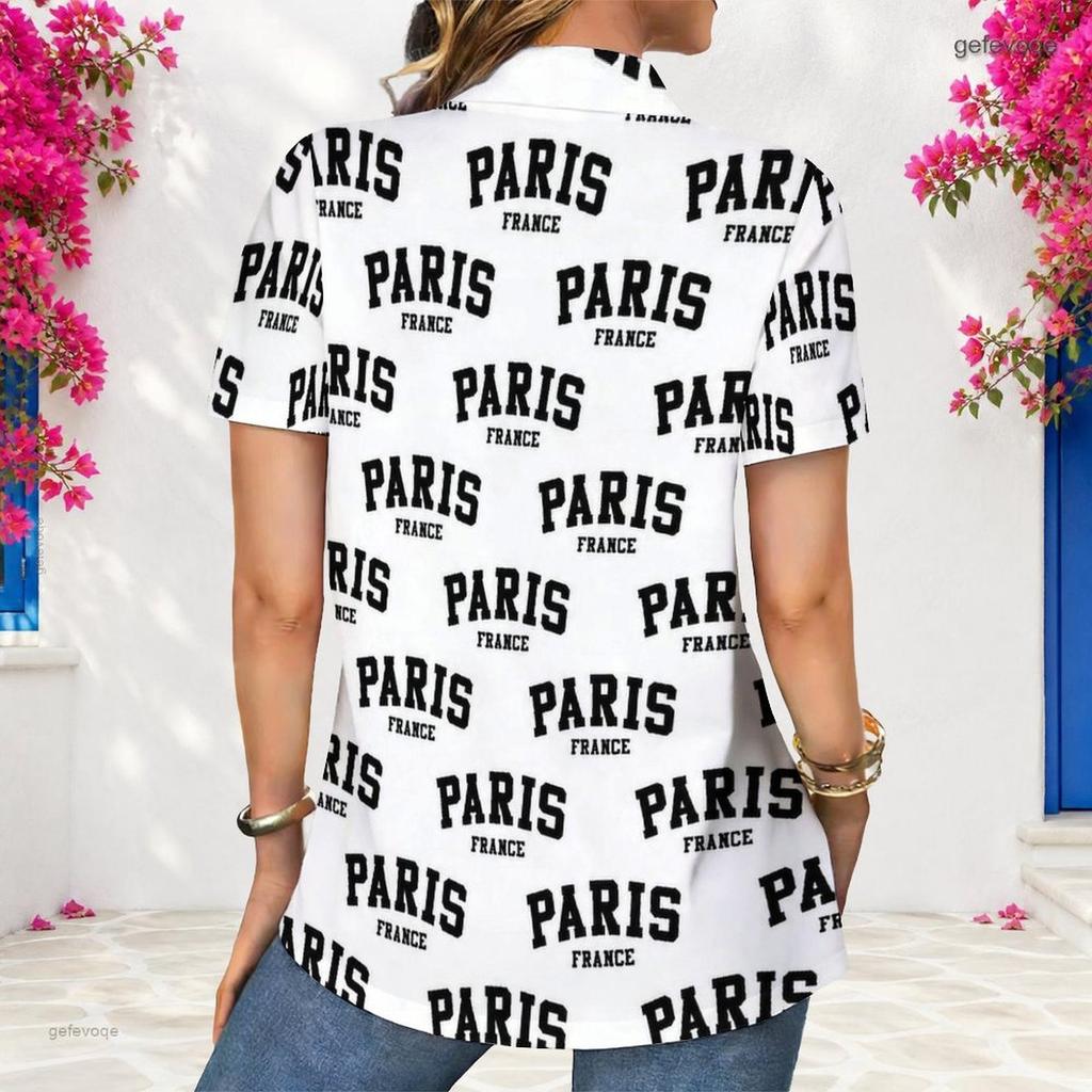 Women Plus Size Collared Short Sleeve Paris Printed White Button Front Shirt
