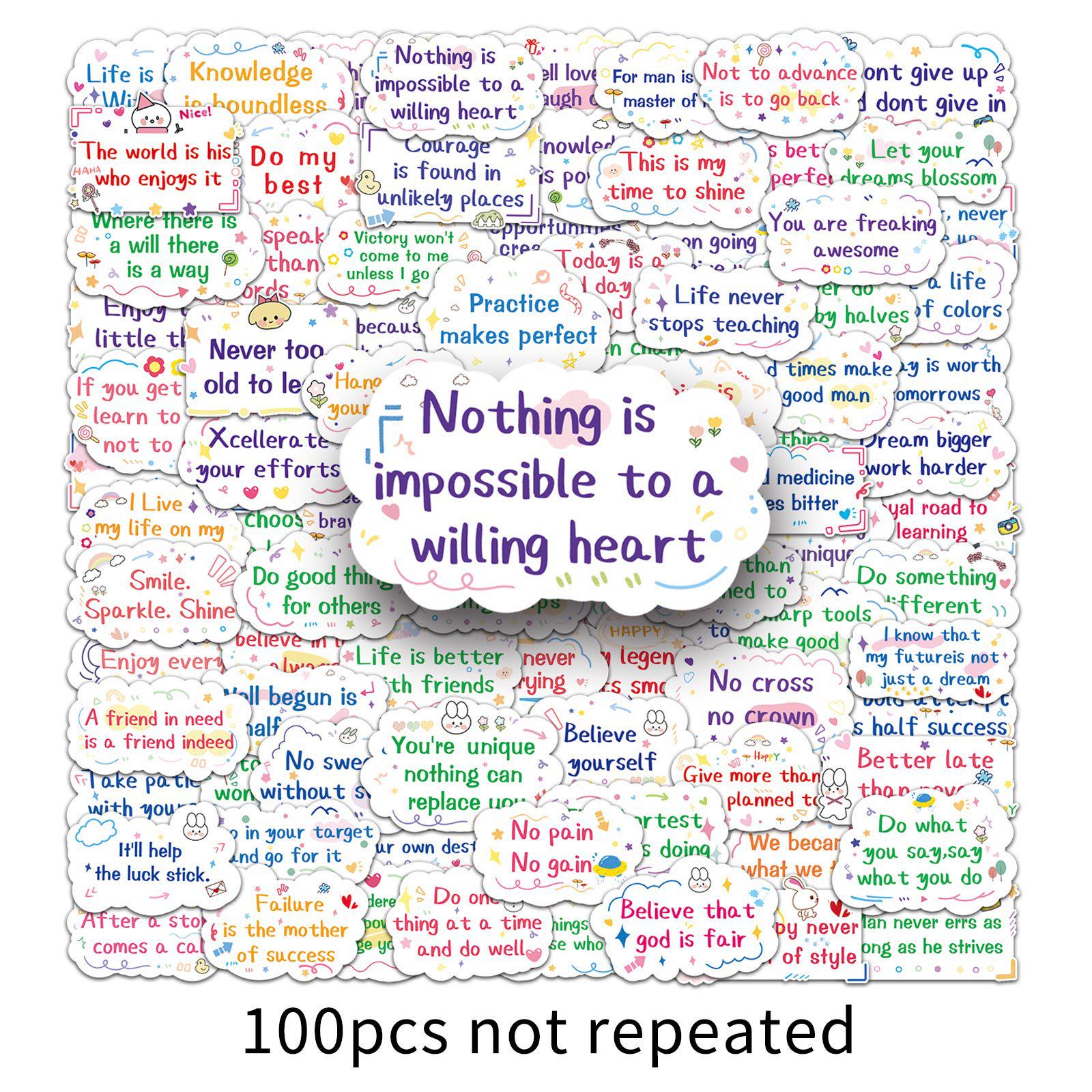 100 Inspirational English Sentence Stickers - Cartoon Slogans & Graffiti Décor for DIY Journals and Stationery