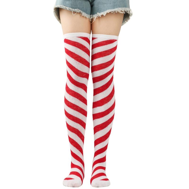 Women Girls Over Knee Long Socks Christmas Diagonal Striped Print Christmas Thigh High Stockings Holiday Party Hosiery