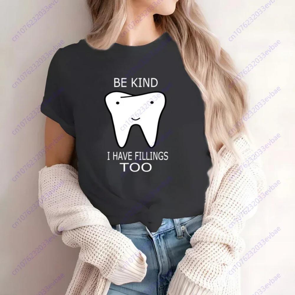 Aesthetic Funny Tooth Dentist Kawaii T-Shirt Women Short Sleeve Summer Fashion Tshirt Casual Black Fashion Tee Shirt O-Neck Tops