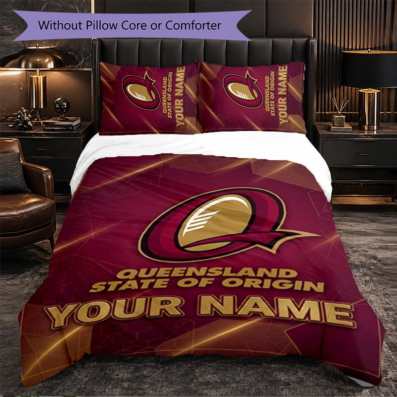 Queensland Maroons Customized Name Text Bedding Set, 1 Duvet Cover & 2 Pillowcases Personalized Bedroom Gift