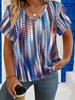 T-shirt Women's Summer Leisure Elegant V-neck Short Sleeve Art Stripe Pattern Top Loose Casual Wear Ladies T-shirt