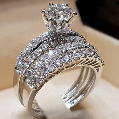 Hollow-Out Double-Layer Zircon Engagement Ring, Diamond Ring, Wedding Dinner, Bridal Ring Jewelry.