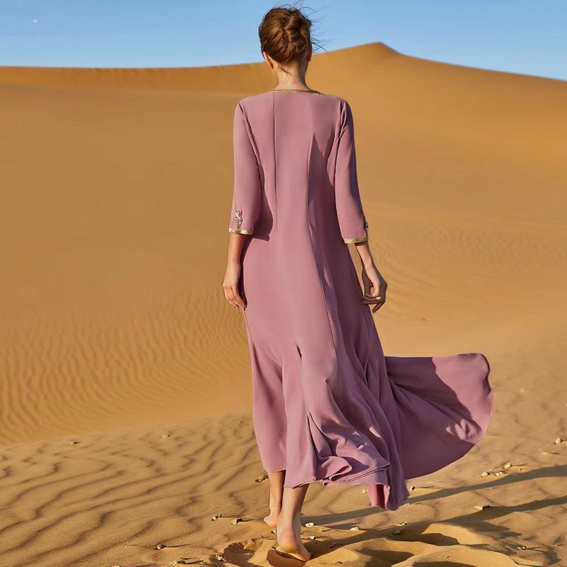 New Arrival Hand-Stitched Diamond Stitching Gold Ribbon High-Grade Dress Ruffled Long Dress Ethnic Style Dress