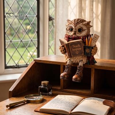 Intelligente Eulenfigur für die Lese-Figur in der Bibliothek, Statue mit offenem Buch, Brille, Schal und Stiefeln, Weisheitslehrer Geschenk Skulptur Heimdeko, Nische