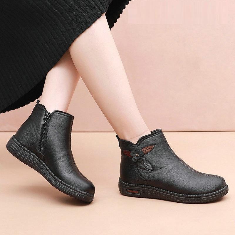 Winter Genuine Leather Women Ankle Boots Shoes Women Thick Plush Warm Casual Ankle Boots Mother Waterproof Non-slip Booties