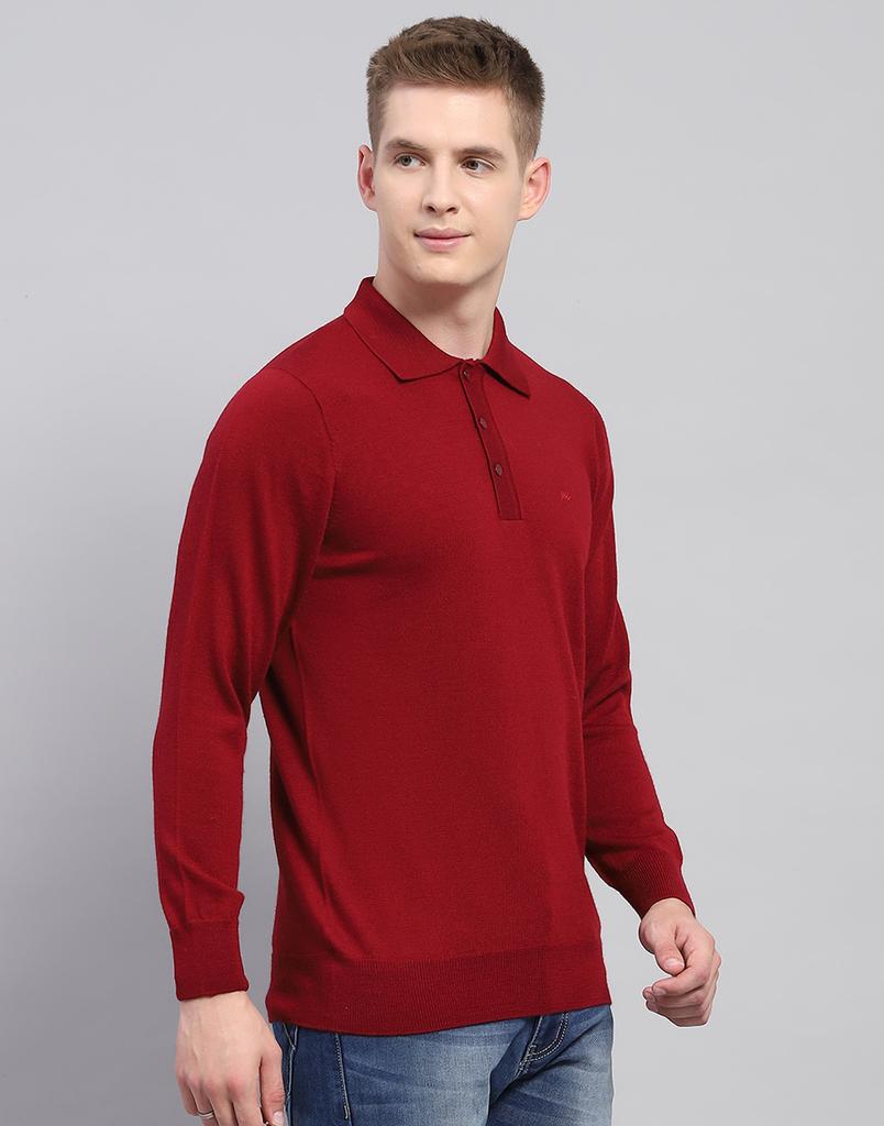 MONTE CARLO Mens Solid Maroon Collar Neck Full Sleeve T-Shirt