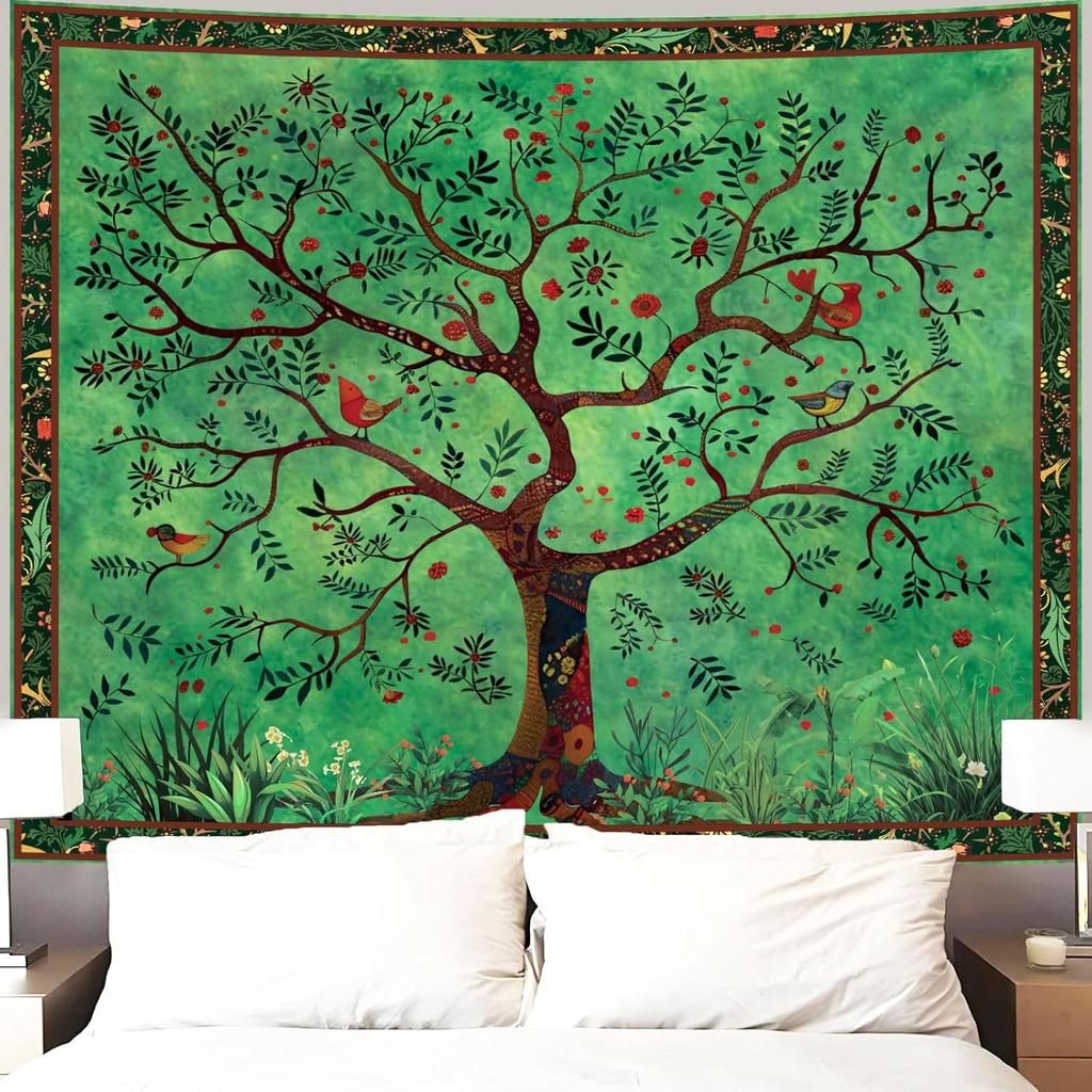 Forest Green Natural Pattern Tapestry Wall Decoration, Misty Forest Sunlight Mural Tapestry Bedroom Aesthetics