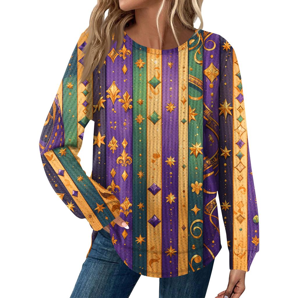 Women's Fashion Loose Long Sleeve Carnival Print Round Neck Casual Top