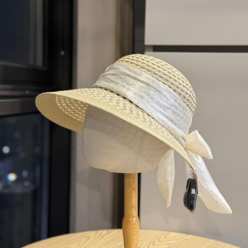 New Summer French Polka Dot Bow Fisherman Hat for Women, Sun Protection Sunshade Hat for Travel, Vacation, Hepburn Style Straw Hat