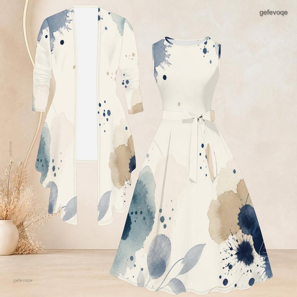 Women Plus Size Two Piece Outfit 3 4 Sleeve Open Front Cardigan Sleeveless Crew Neck Printed Tie Waist Flared Dress
