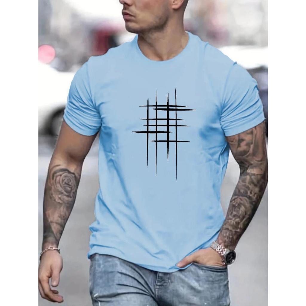 Summer 100% Cotton Casual Loose Minimalist Line Graphic Print Round Neck Short Sleeve Men's T-shirts
