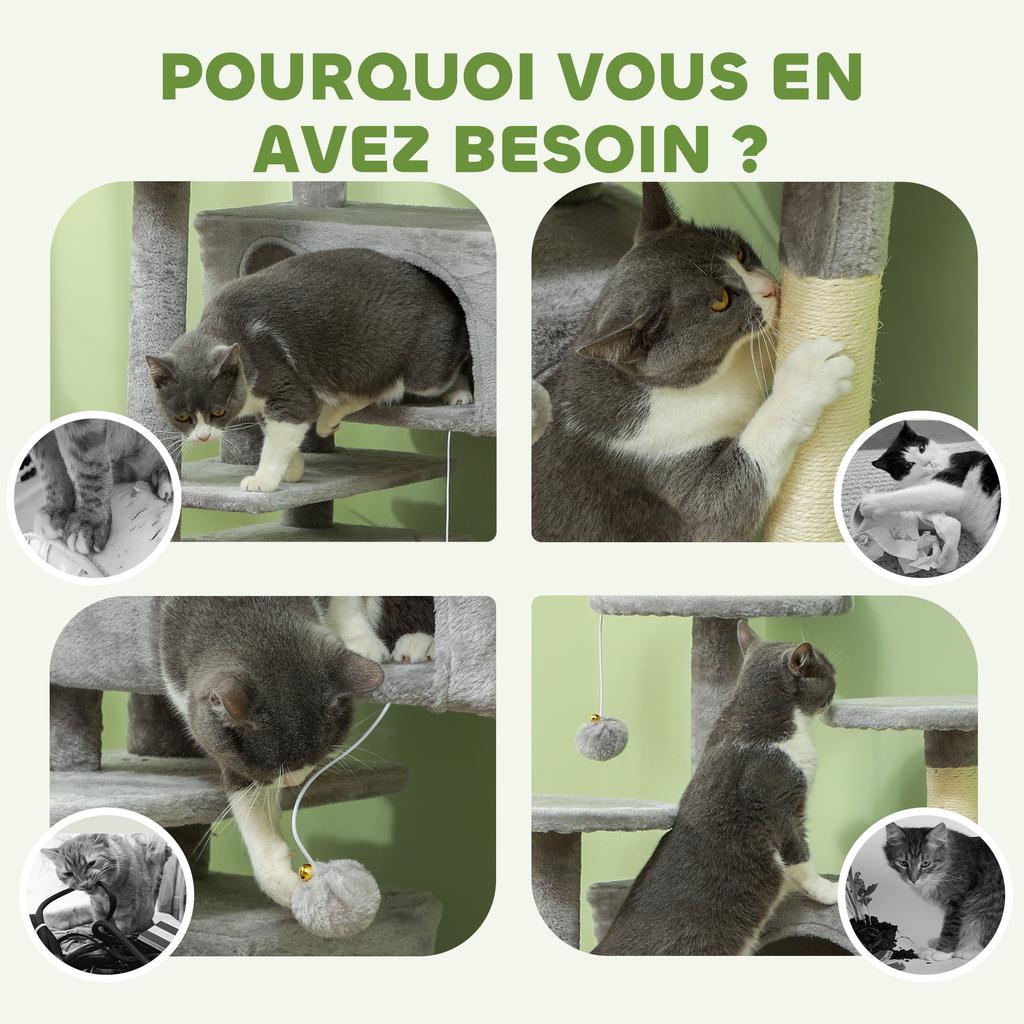 138cm Cat Tree, Multi-Level Cat Tower with Scratching Posts and Pad, Bed, Condos, Platforms, Toy Balls, Light Grey
