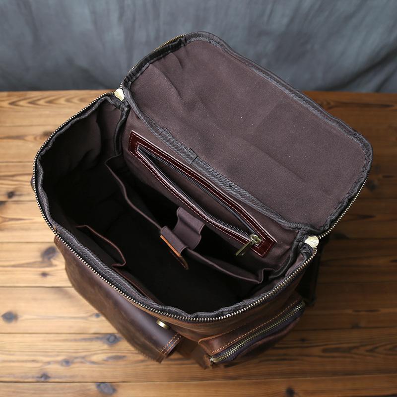 NZPJ Men's Retro Large Capacity Leather Backpack Genuine First Layer Natural Cowhide Travel Laptop Bag