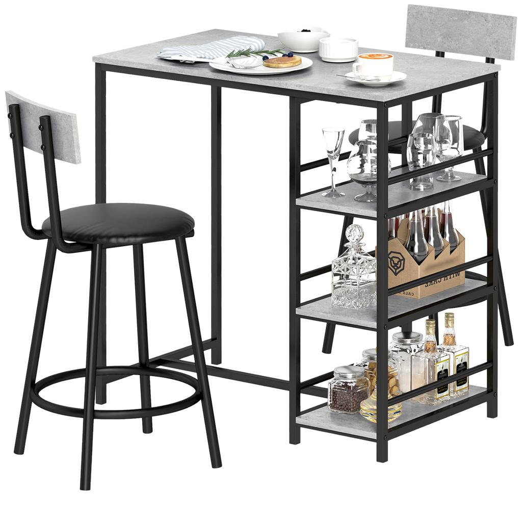 3-Piece Dining Set with Bar Table and 2 Chairs, Small Kitchen Set with Side Shelves, MDF, Metal, Black