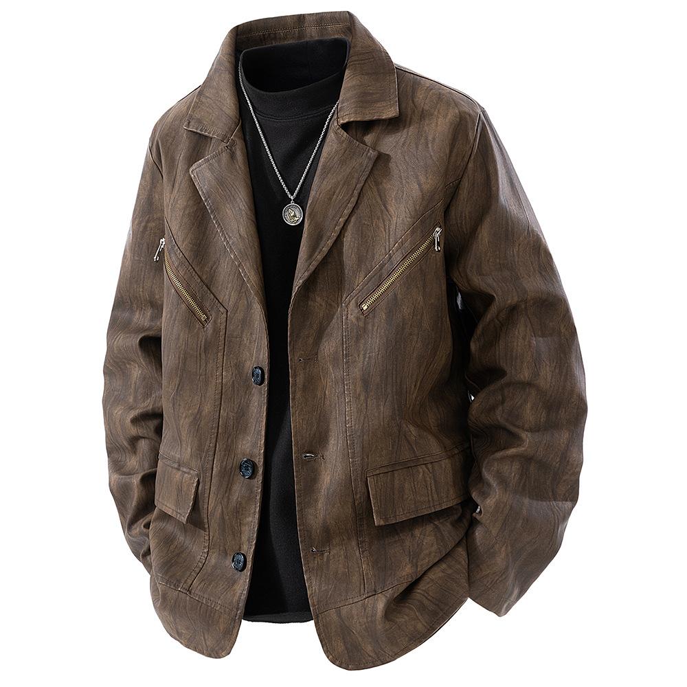 

Men s Leather Suit Top Motorcycle Lapel Men s Retro PU Leather Jacket New Slim Jacket Men 3XL коричневый