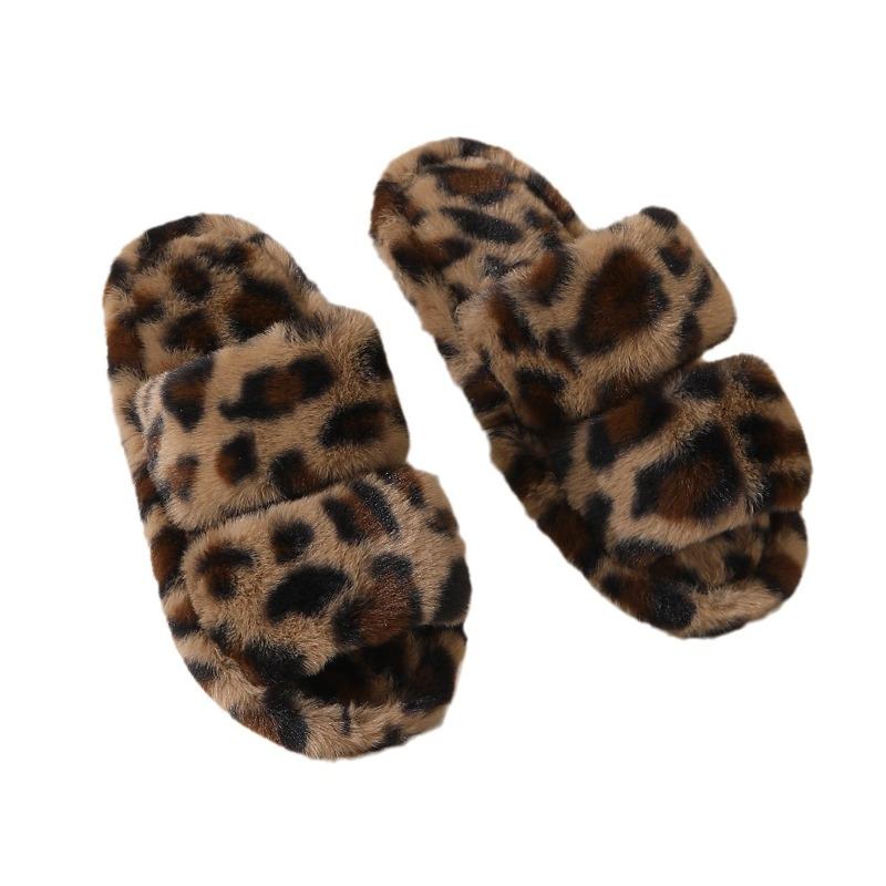 New leopard print fluffy slippers women's new flat-bottomed comfortable home plush cotton slippers