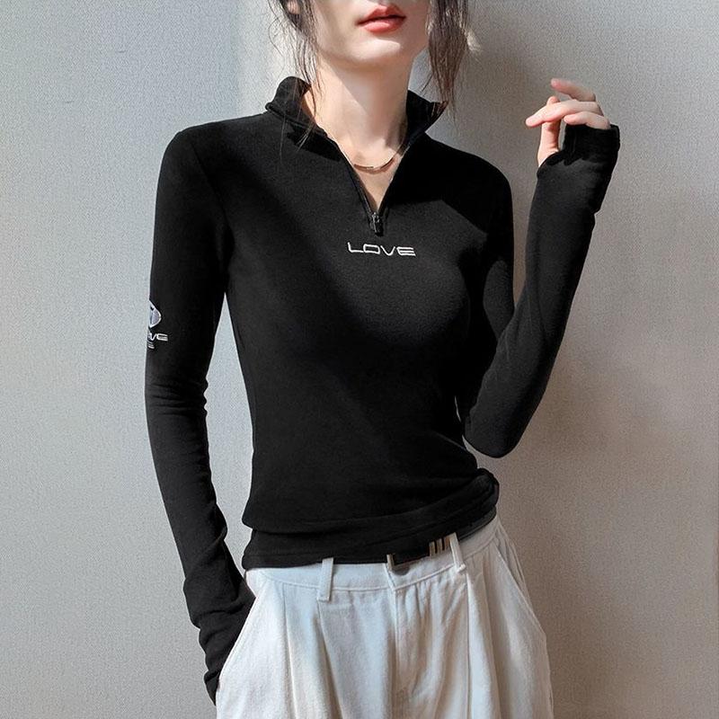 Women's Long-Sleeve T-Shirt Fall Sexy Slim Fit Stand Collar Zipper Double-Sided Fleece Base Shirt