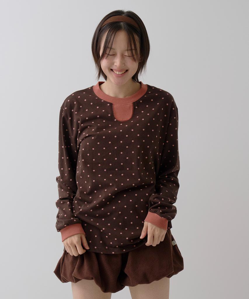 Sayu Dot Ringer Loose Fit Long Sleeve T-Shirt Brown