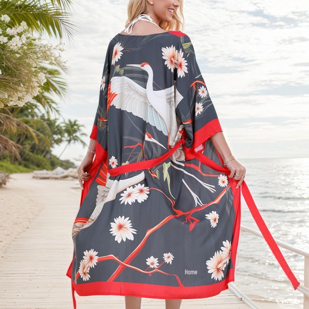 

2025 Cross-border Rayon Crane Print Beach Cover-up Cardigan Shawl One Size