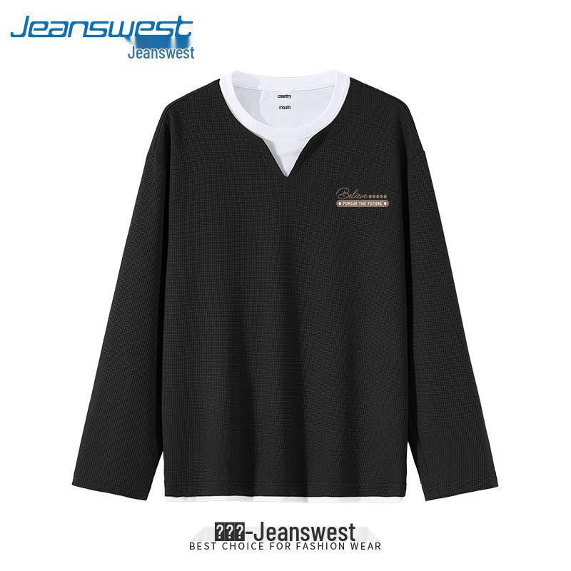 Jeanswest Men's Waffle Knit Faux Layered V-Neck Long Sleeve Tee