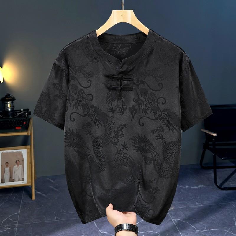 Men's Summer Plus Size Chinese-Style Set Lightweight Short-Sleeve Top + Long Pants Two-Piece Chinese Vintage Style