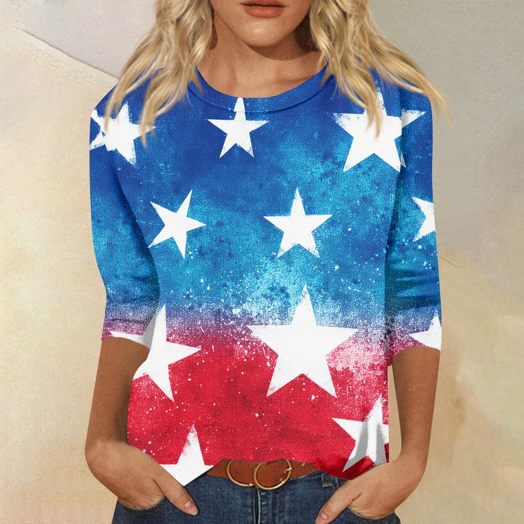 Women's Fashion Casual Seven-Sleeve Independence Day Print Round Neck Top