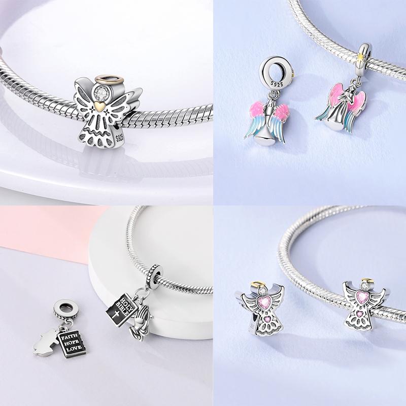 Original 925 Silver Easter Charms Angel Zircon Cross Beads Pendants Fit Original Bracelets For Women DIY Jewelry Gift