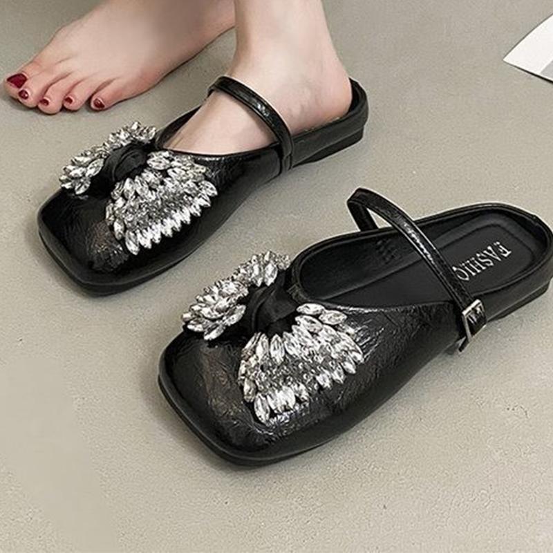 Fashion Crystal Flats Women Slippers Designer Square Toe Slingback Shoes Woman Summer Sandals 2025 Trend Brand Walking Cozy Lady Shoes