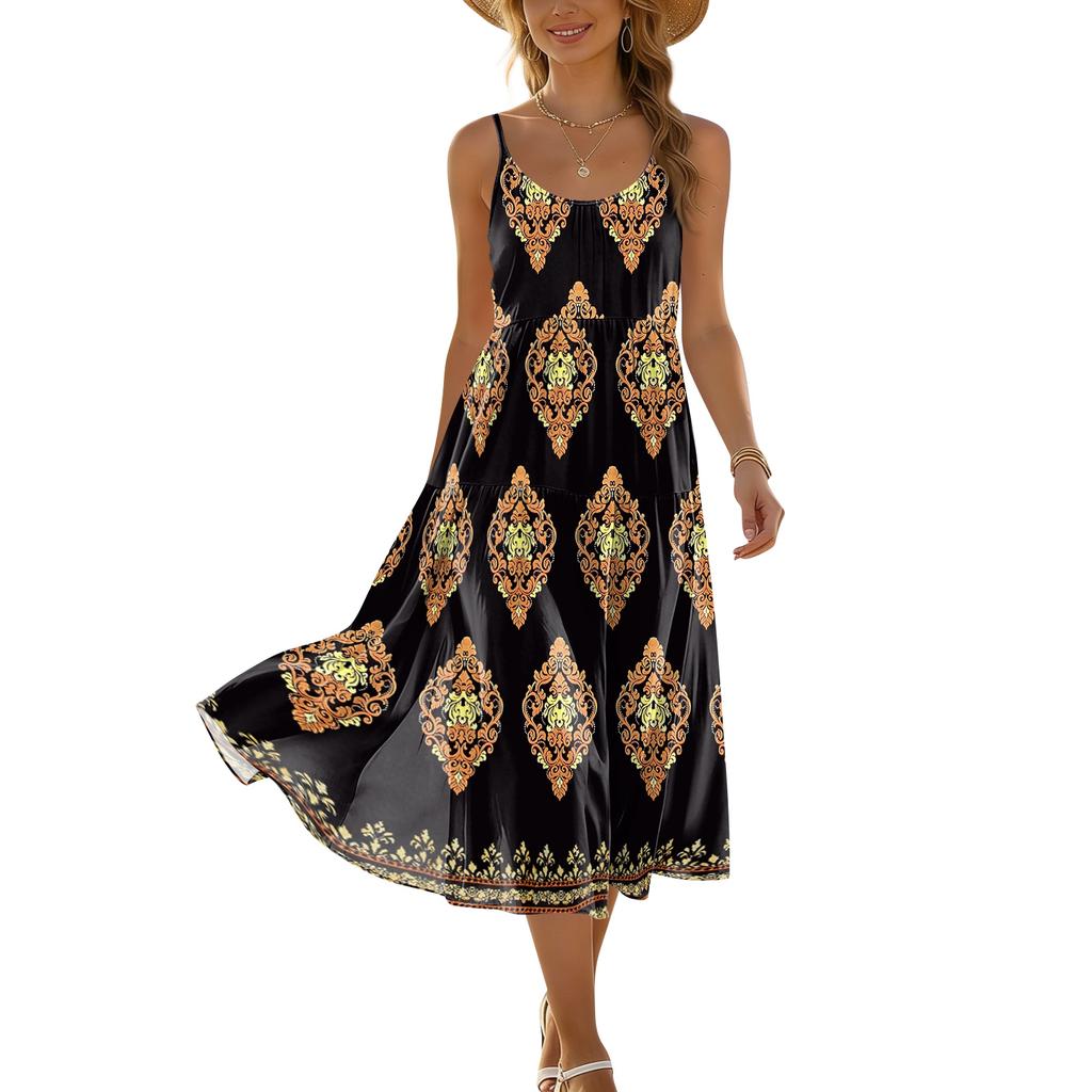 Sleeveless Spaghetti Strap Midi Dress Bohemian Floral Print Casual Summer Flowy Sundress for Women Vacation Beachwear