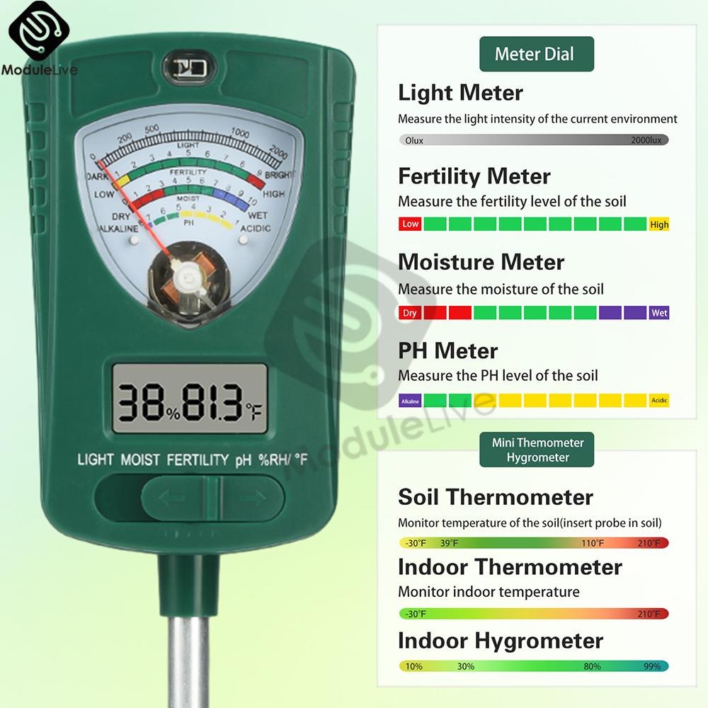 7-in-1 Soil pH Meter Analyzer Moisture Sensor Soil Tester for Gardening Hydroponics Planting PH Fertility Temperature Humidity