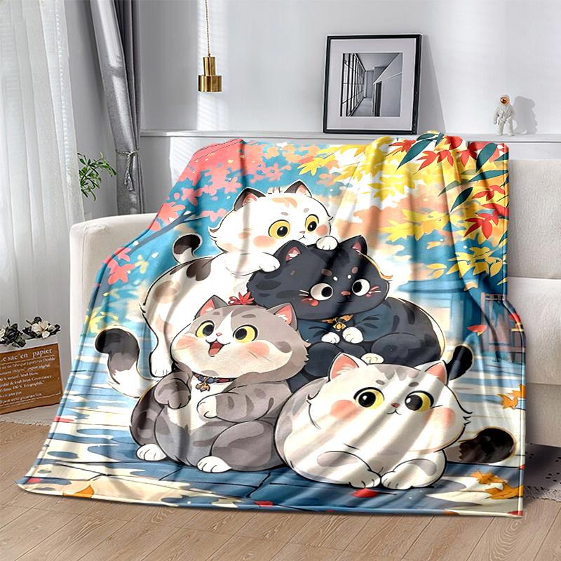 1pc Four Cute Lucky Cats Cartoon Blanket Seasonal Home Decor Gift for Fans, Soft for Couch, Living Room, Travel, Camping