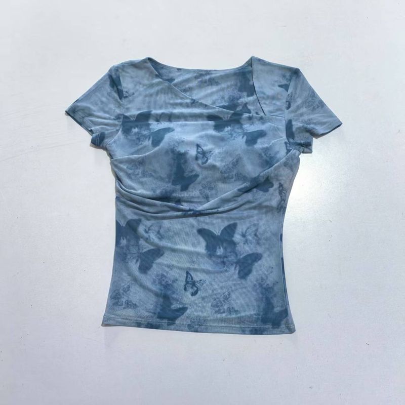 

With Chest Pad Fixed Cup Butterfly Print Yoga Clothes Short Sleeve Mesh Breathable Quick-Drying Slim Fit Sports Fitness T-shirt Women Wind Chime Blue S