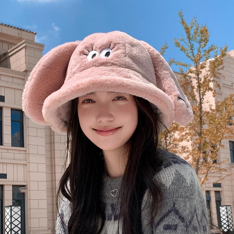 Korean Style Plush Rabbit Ears Bucket Hat With Warm Windproof Function For Outdoor Winter Wear