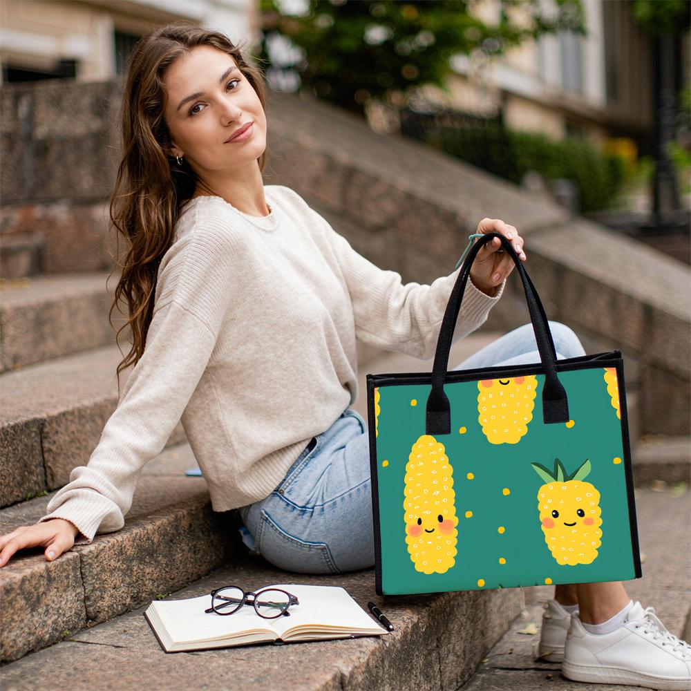 Cute Cartoon Corn Pineapple Printed Tote Bag Casual Large Capacity Reusable Daily Handbag for Women Shopping Travel