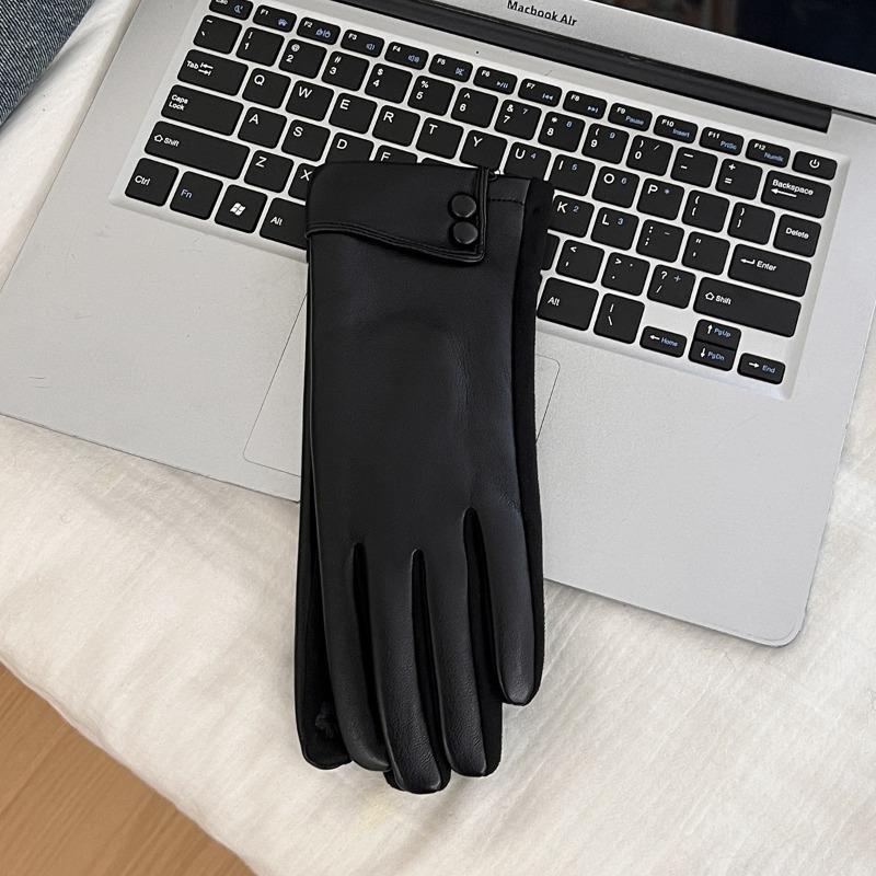 New leather gloves winter women's velvet thickened warm windproof cold outdoor riding driving five fingers