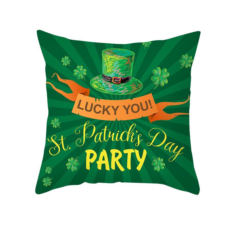 St. Patrick's Day Pillow Cover Green Cartoon Letters Four-leaf Clover Sofa Cushion Cover National Day Cushion
