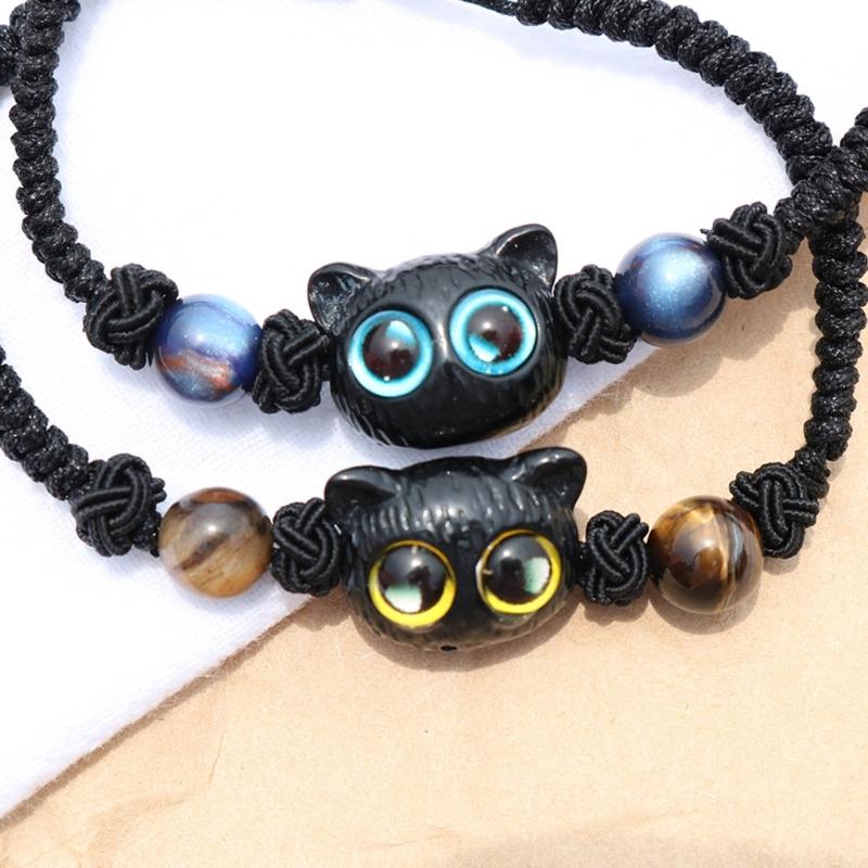 Adjustable Cord Bracelets Friendship Jewelry Handmade Braided Rope Handchain Unique Cat Head Pendant Wristband Bracelets
