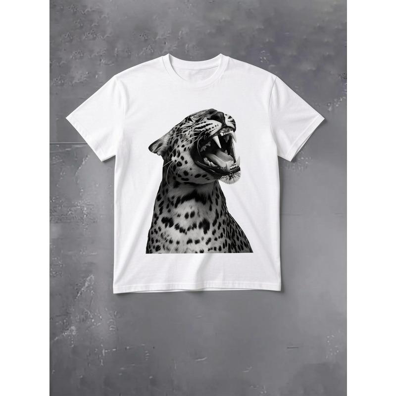 Men's Bohemian Leopard Print T-Shirt -  Drop Shoulder Relaxed Fit, Round Neck Short Sleeve Shirt for Everyday & Formal Outfits, Casual Top, Durable