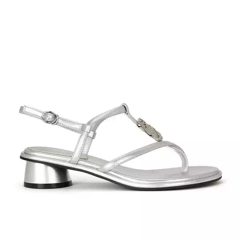 

[] Beautiful~ Retro metal buckle cross belt thick heel sandals women s summer wear 40 серебряный