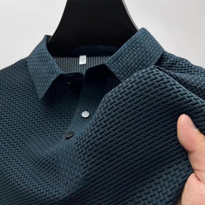 Men's Luxury Solid Color Jacquard Polo Shirt - Short-Sleeved, Light Business Casual, European Ice Silk.