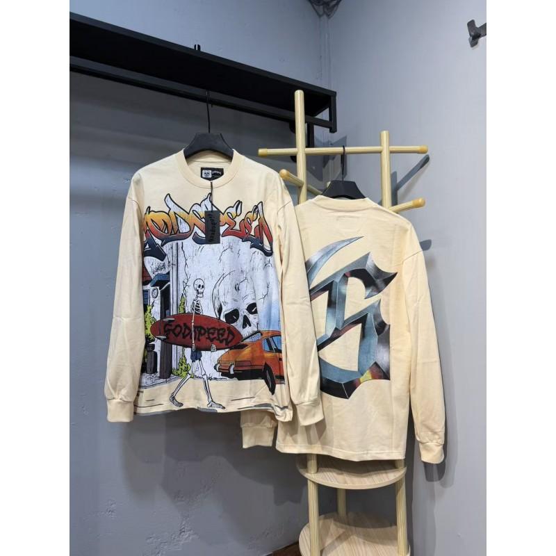 Unisex Vintage Skull Print Washed Cotton Long Sleeve Hoodie Streetwear Loose Fit
