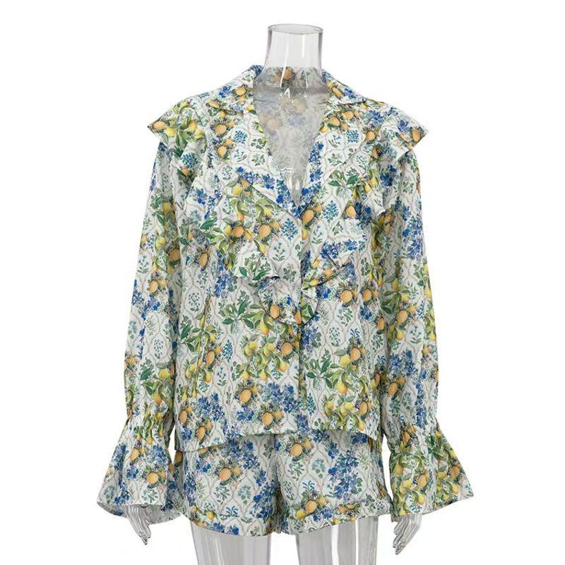 

Fashion New Arrival Loose Casual Print Shirt Shorts Suit Printed Shirt and Shorts Set Green M